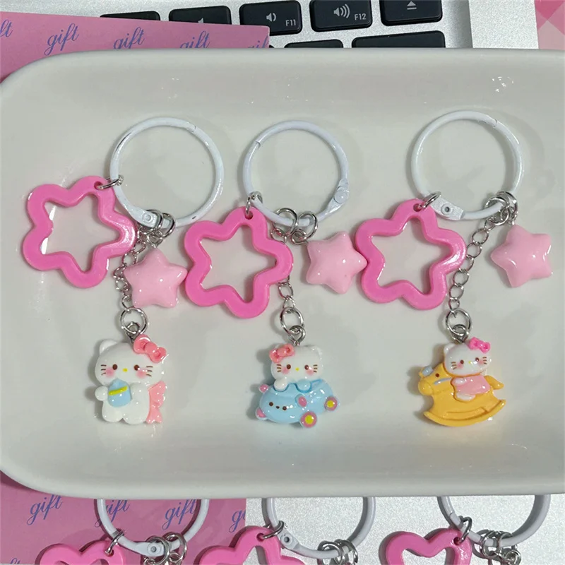 Kawaii Sanrio Trojan Horse Hello Kitty Children Toys Keychain Cute Pink Star Baby Bottle Kitty Keyring Girls Pendant Keychains