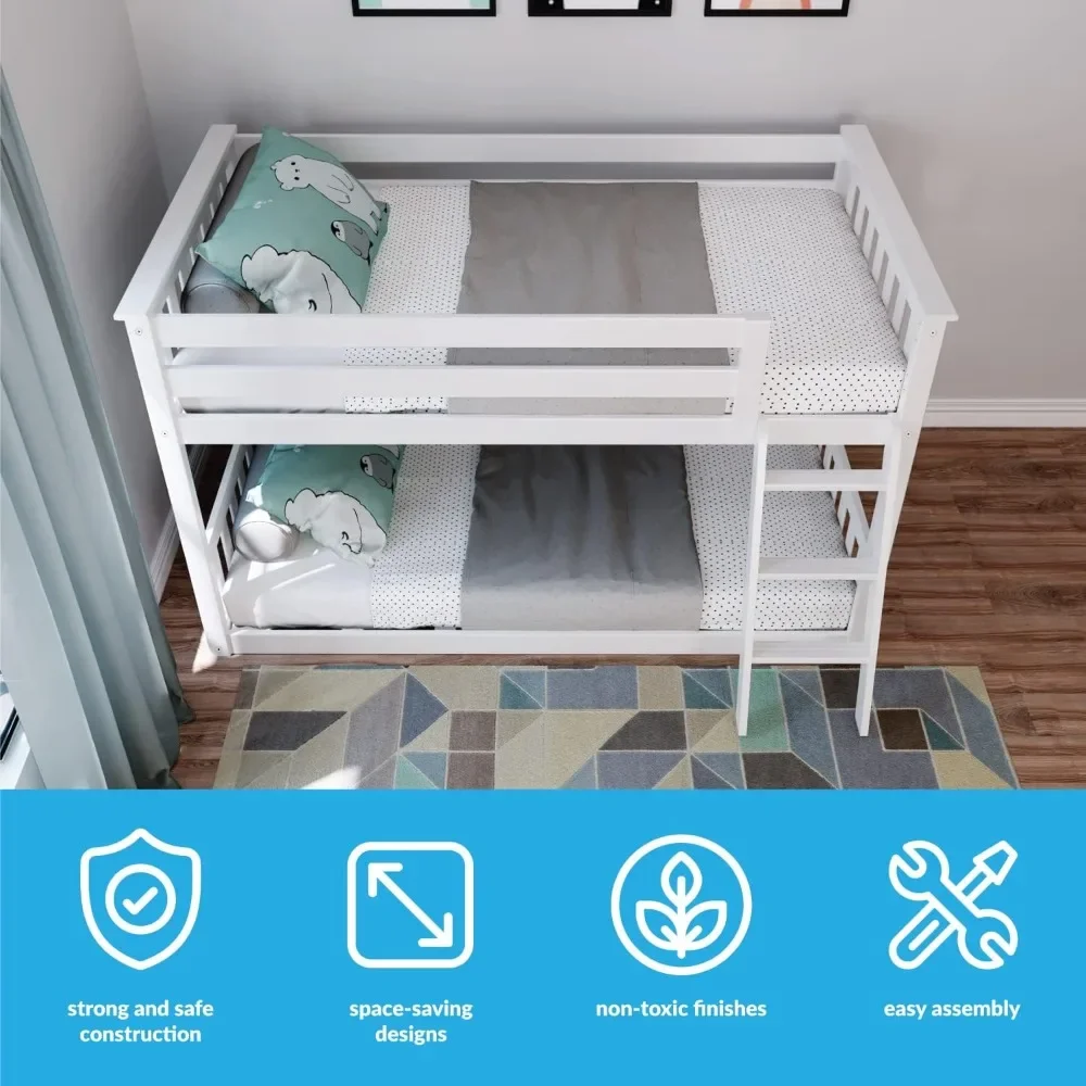 Twin Over Twin Low Bunk Bed with Ladder, Wooden Bunk beds with 14” Safety Guardrail for Kids,Toddlers, Boys, Girls, Teens, White