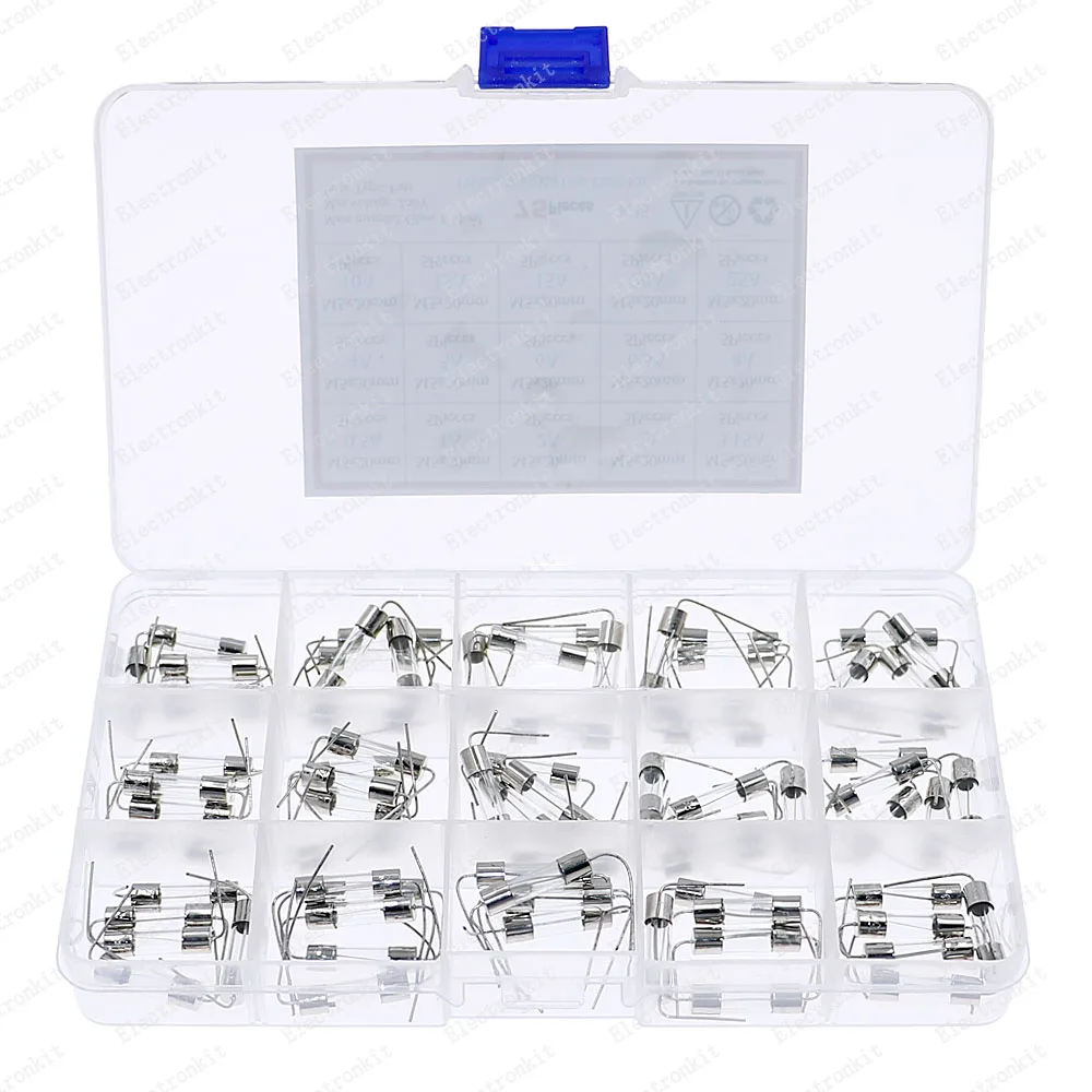 75pcs 15value 5*20mm 250V Fast Blow With Lead Wire Glass Fuse kit Box 0.5A 1A 2A 3A 3.15A 4A 5A 6A 6.3A 8A 10A 12A 15A 20A 25A