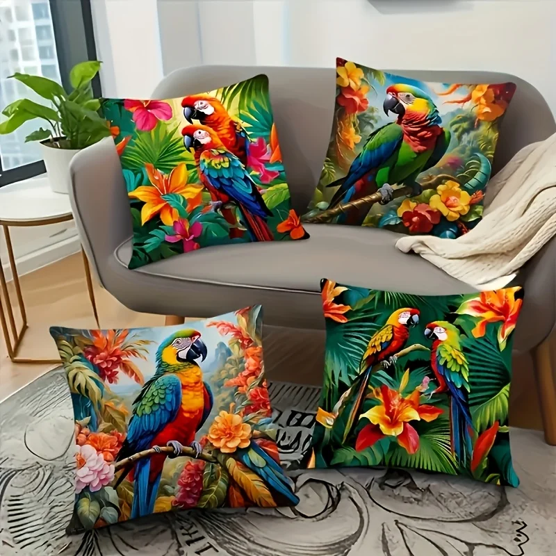 Luxury 4 PCS Tropical Parrot Print Throw Pillow Covers Set Botanical Jungle Floral Cushion Decor Accent Pillows