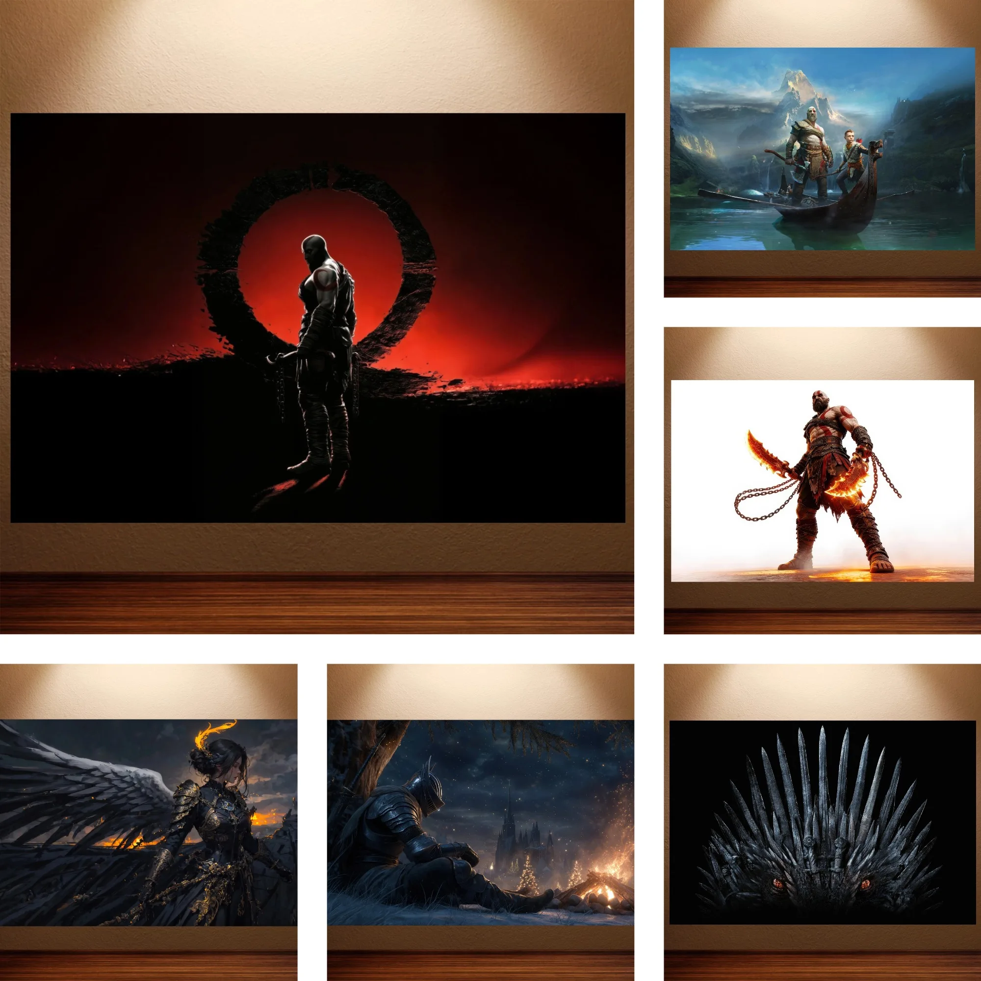 God of War Poster Kratos Canvas Painting Game Wall Art Dark Fantasy Knight & Iron Throne Print for Gamer Room Bedroom Home Decor