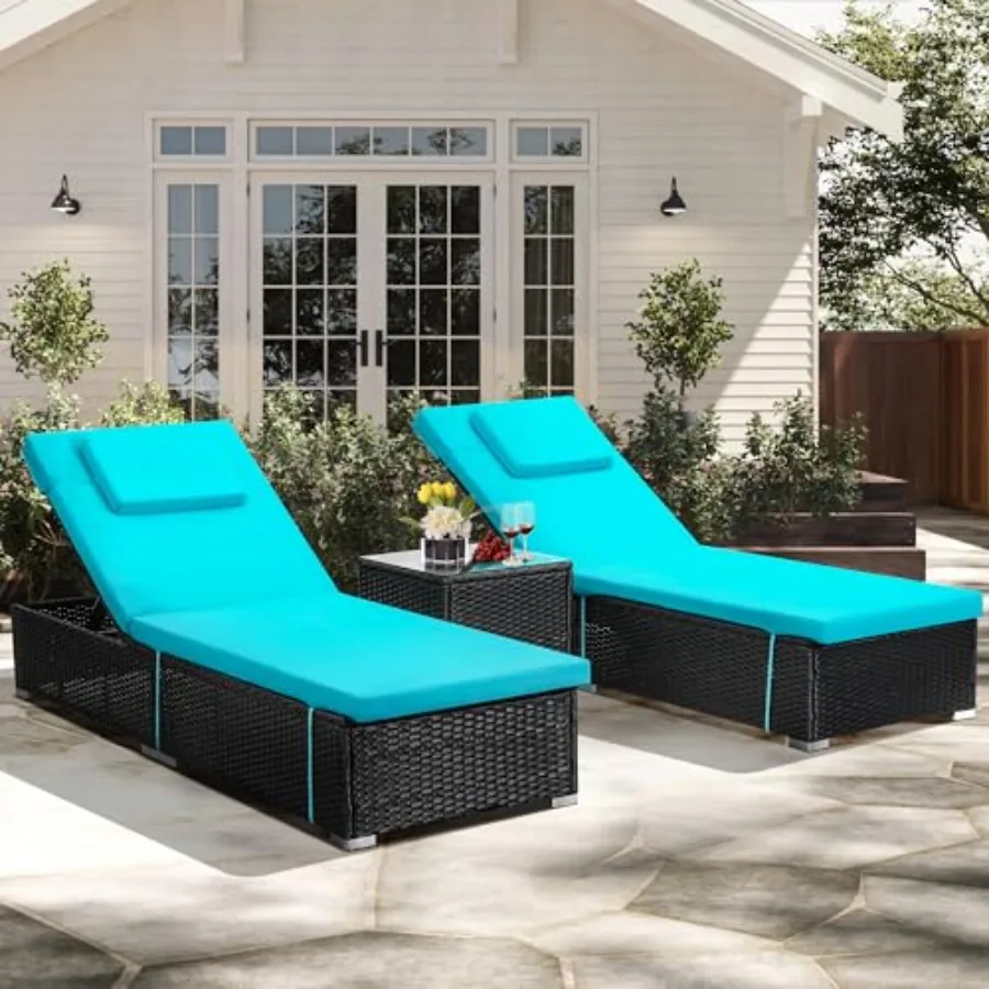 

Outdoor Chaise Lounge Chairs All-Weather Wicker Pool Lounge Chair Set of 2 with Side Table Adjustable Backrest and Washable Cus