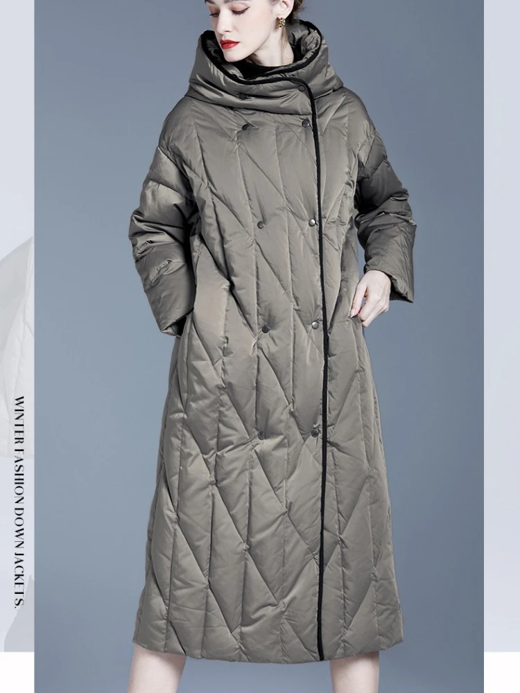 Nueva chaqueta de plumón larga de gran tamaño para mujer, chaqueta acolchada por encima de la rodilla, abrigo de invierno grueso con capucha de plumón de pato blanco, abrigos acolchados