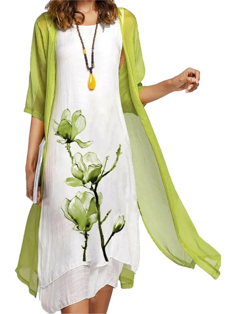 

2025 Spring New Arrival Women's Dress Casual Fashion Loose Round Neck Two-piece Set Of Summer Printed Elegant Slim Dress Women