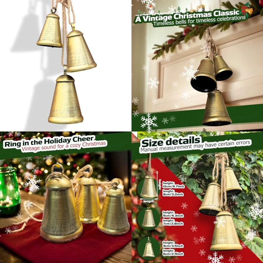 

Рождественские колокольчики: винтажные железные колокольчики с джутовым шнуром для подвешивания, ручной работы, в деревенском стиле, в форме коровьего колокола, для украшения на Рождество