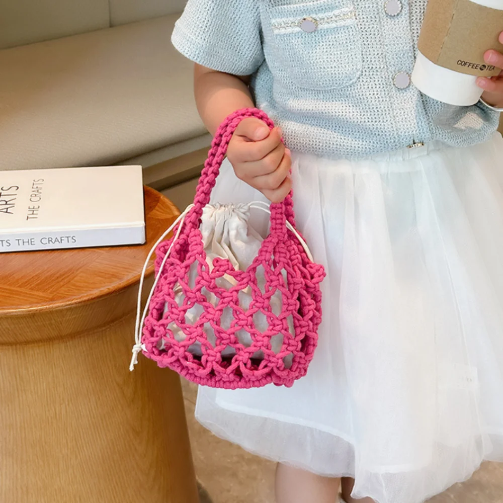 New Summer Beach Bag Cute Woven Small Basket Hollow Out Children\'s Handbag Trendy Funny Straw Woven Bag with Drawstring