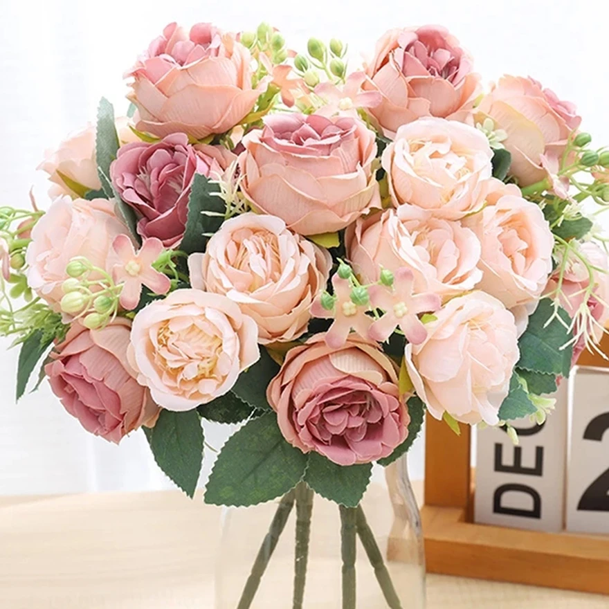 Artificial Flower Vase Home Decoration Accessories Wedding Scrapbook Peony Candy Gift Box Arrangement Festival Silk Rose Bouquet