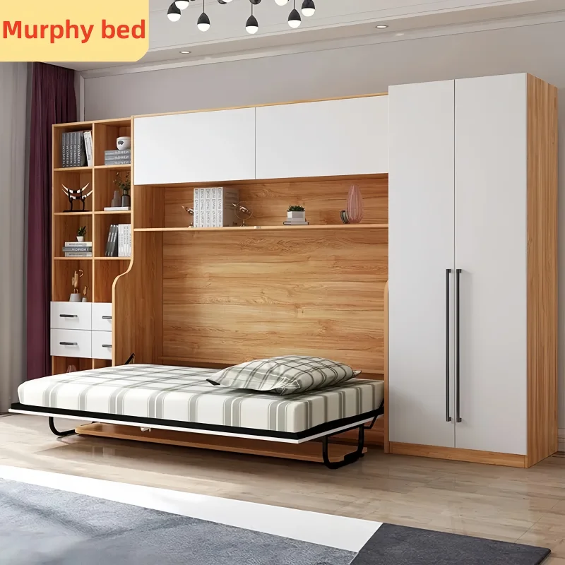 Multifunctional Wall Bed Study Invisible Murphy Bed with Desk Flip Bookcase Wardrobe Combination Integrated Foldable Features
