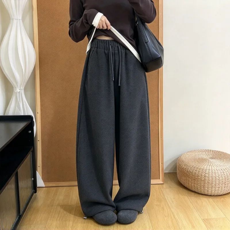 Korean Style Women Winter Thick Fleece Lined Pants Elastic Drawstring Waist 2 Ways Wear Wide Leg Jogger Pants Casual Loungewear
