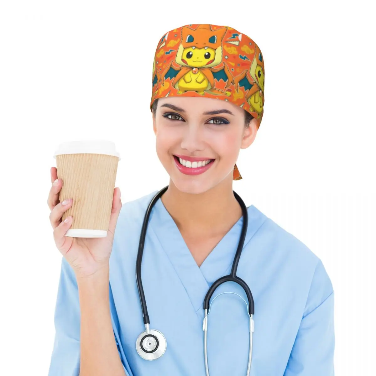 Custom Bikachus Charizard Cleaning Working Cap Cool Men Women Animation   Scrub Cap Surgicals Hat Nurse Scrubs Hat For Dentist view 6