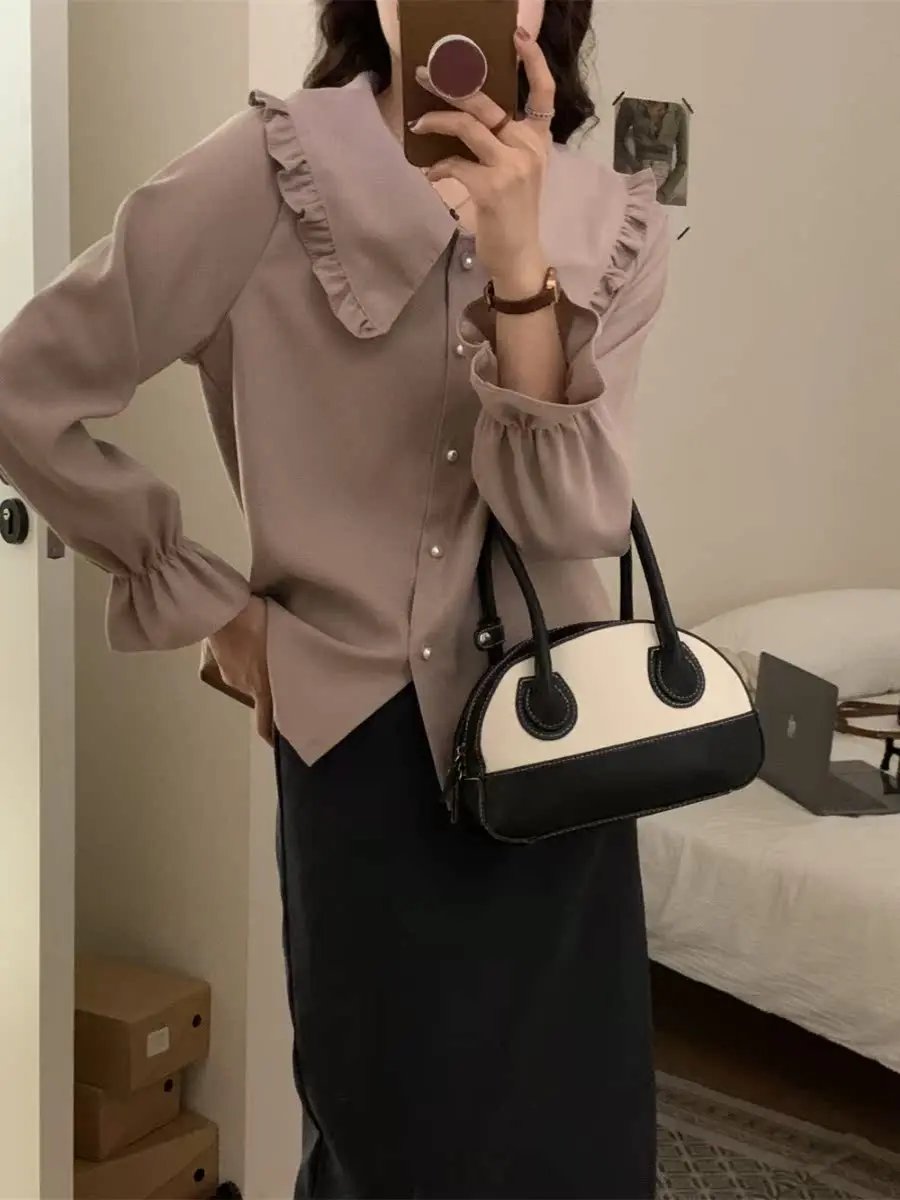 캐주얼 롱 스웨터 진주 단추 로터스 칼라 꽃봉오리 스웨터 다용도 개성 출퇴근 올매치 단색