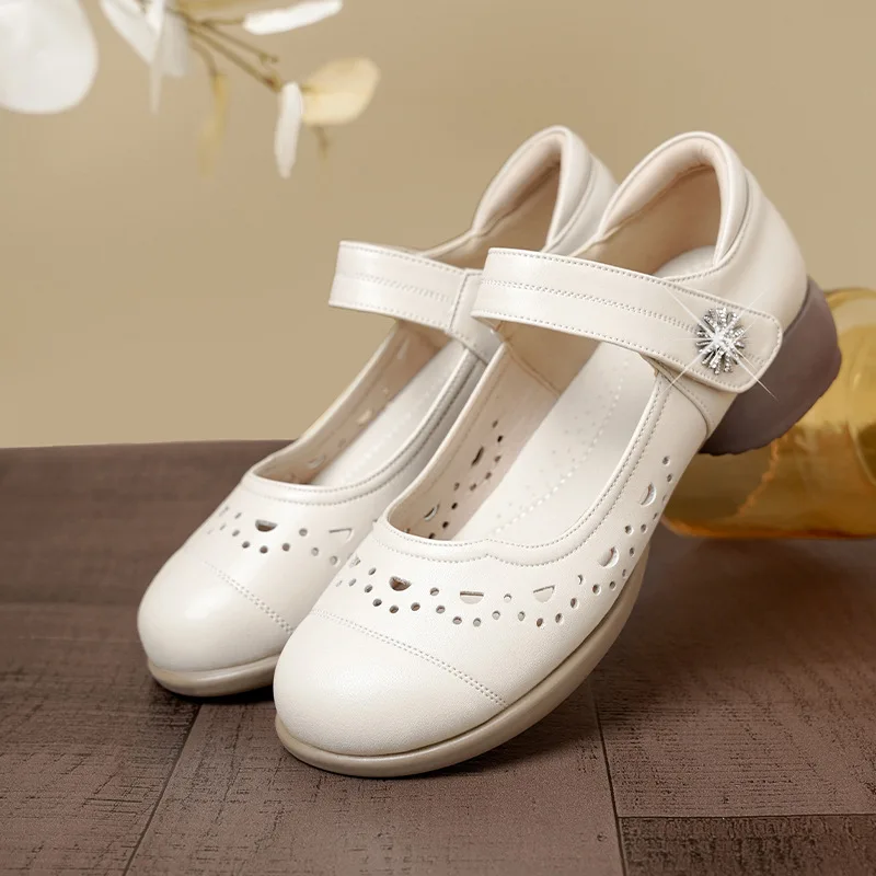 3cm All Match Breathable Comfortable Cutout Shallow Genuine Leather Shoes 2025 Fall Womens Mary Janes for Office Mom Work Casual