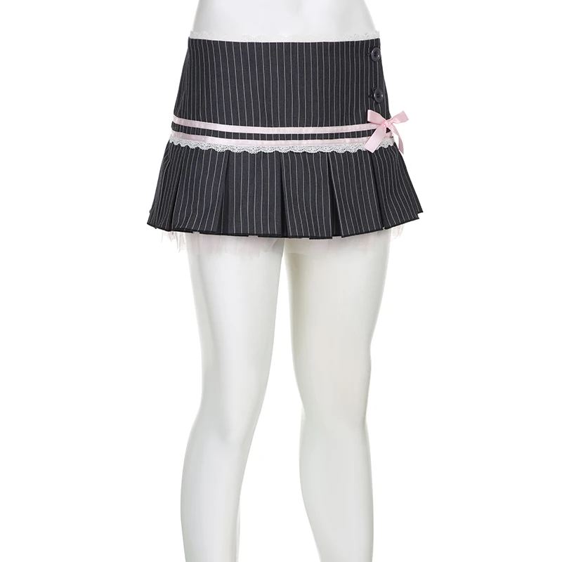 IAMHOTTY Y2K Striped Pleated Mini Skirt Cute Low Waist A-line With Shorts Skirts Harajuku Lolita Style Preppy Japanese Outfit