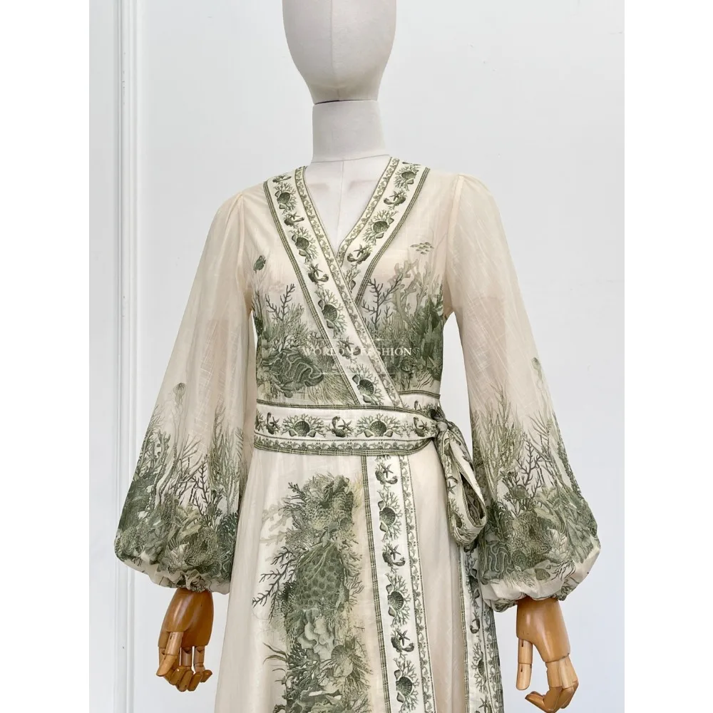 Wit groen vegetatiepatroon print lange mouw wikkel midi-jurk katoen van hoge kwaliteit