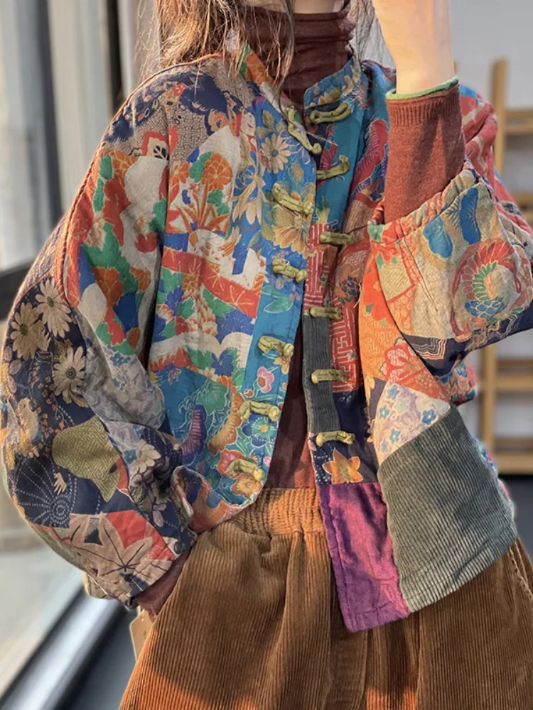 

Хлопковая куртка с цветочным принтом в стиле ретро, женское свободное пальто на осень и зиму, китайский кардиган на пуговицах, большой размер, открытый кардиган, топ