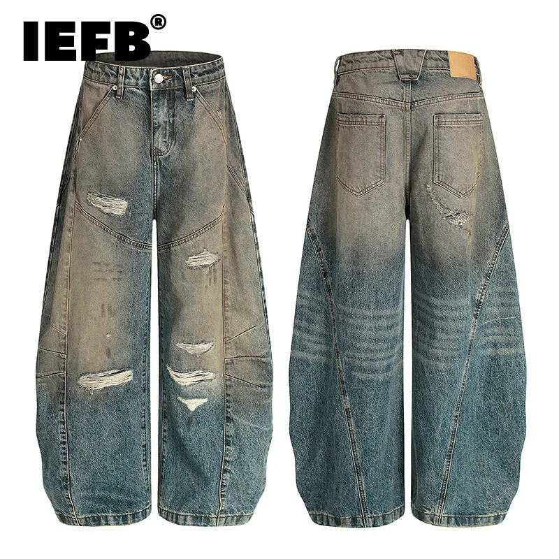 IEFB American Style Men Denim Pants Holes Design Washed Mud-dying Contrast Color Worn-out Wide Leg Male Curved-knife Jeans 9X191