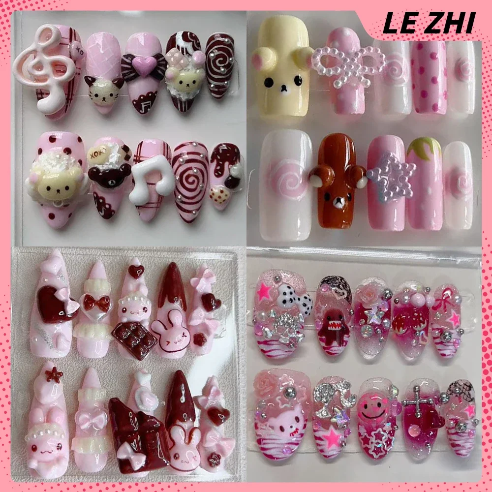 

Girlish Heart Pink Long Almond Handmade Wearable Full Cover Nails Chocolate Bowknot Pearl Shining Diamond Flowers Press On Nails