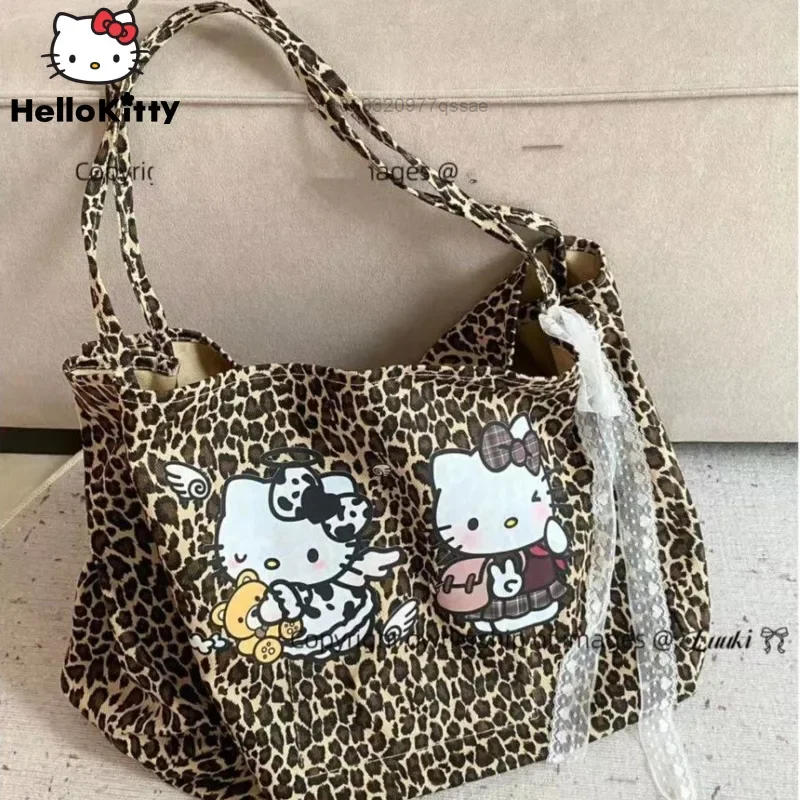 Sanrio Boho Hello Kitty American Leopard Print Shoulder Bag Y2k New Large Capacity Trendy Pattern Backpack Versatile Tote Bag