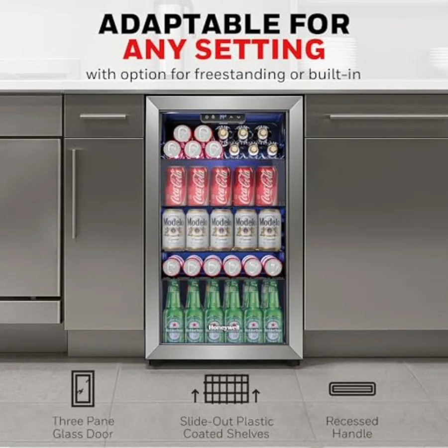 Beverage Refrigerator and Cooler, 116 Can Mini Fridge with Glass Door for Office or Bar, Stainless Steel, Black, Commercial Gra view 2