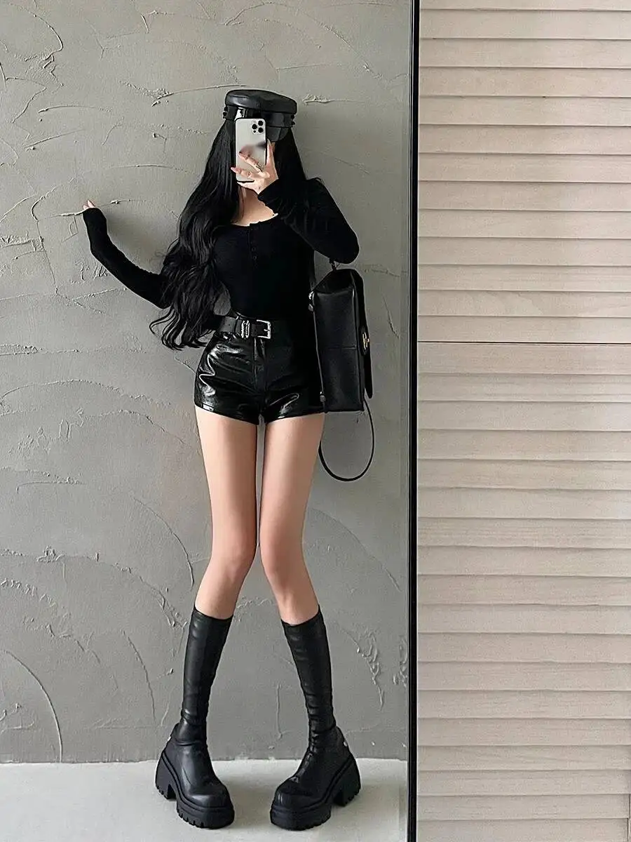 American Spicy Girl Shorts Sexy High Waist Tight Slim PU Leather Shorts Hot With Belt Trendy Fashion Spice Girls Y7EK