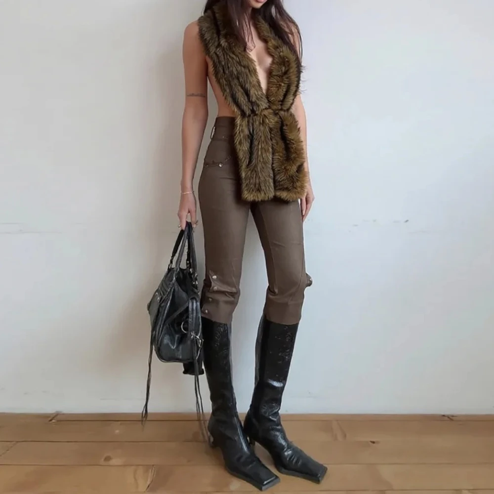 

Женские осенне-зимние пушистые куртки на шнуровке, жилеты на шнуровке с открытой спиной, повседневные топы на бретелях с глубоким v-образным вырезом, без рукавов, тонкий меховой жилет, клубная одежда