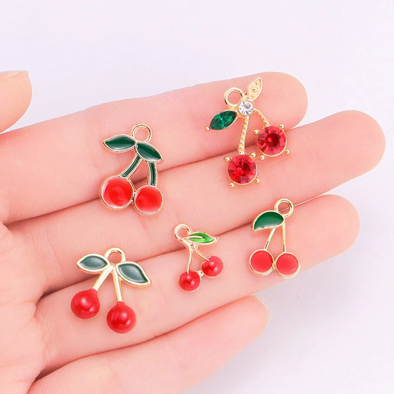 10Pcs Enamel Cherry Charms for Jewelry Making Alloy Fruit Earrings Pendants Bracelet Necklace Accessories Diy Craft Supplies