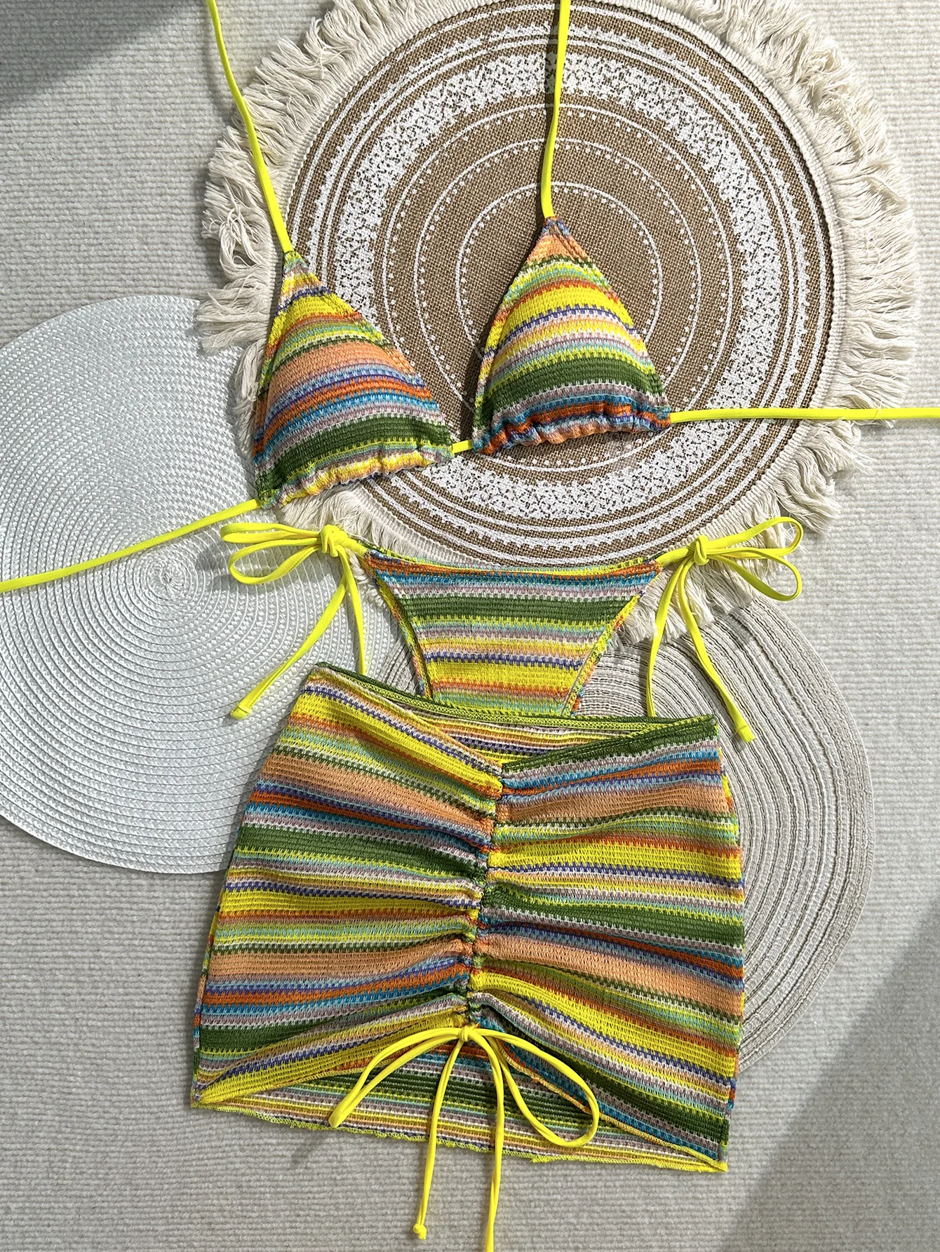 

2026 Striped Crochet 3 Piece Bikini Set Women Knit Halter Triangle Swimsuit with Cover Up Beach Vacation Summer Mini Skirt Suits