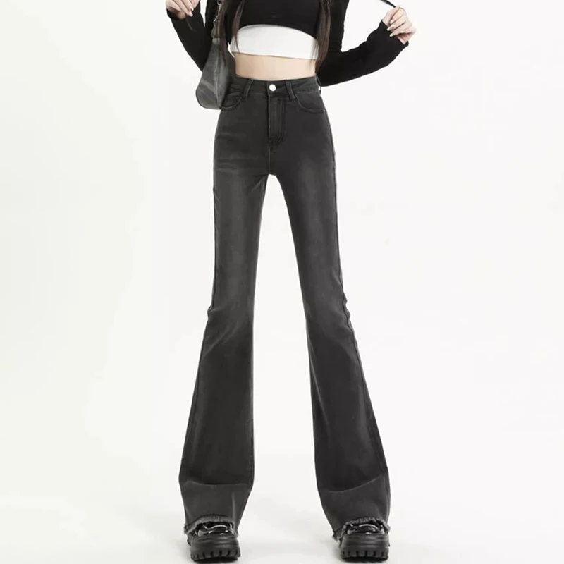 2025 رائجة البيع الإناث عالية الخصر سليم صالح رقيقة الجينز سيدة الصلبة جرس أسفل السراويل الفتيات شيك موضة ممزق سراويل جينز #3