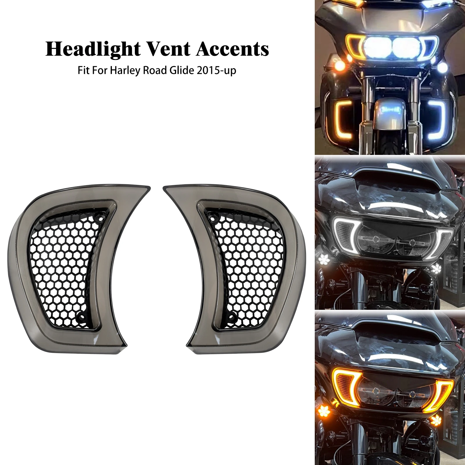 

Motorcycle Headlight Vent Accent LED Turn Signals Indicator Light Lamps For Harley Touring Road Glide Limited FLTRK 2015-2023