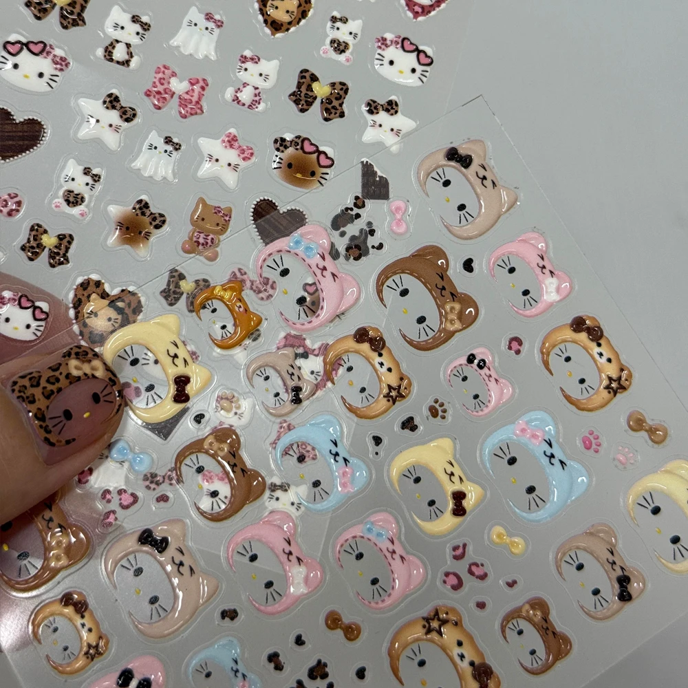 1/2/3 pièces mignon imprimé léopard Hello Kitty chapeau Nail Art autocollant 5D écharpe arc ongles décalcomanies pouces Kitty automne hiver accessoire pour ongles