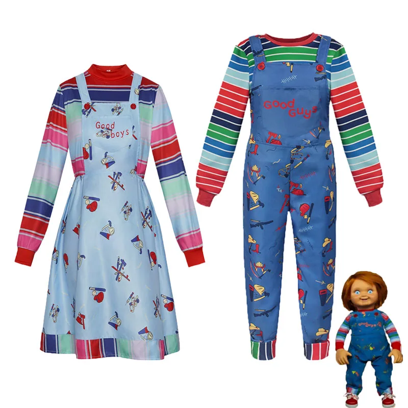 Chucky Cosplay Costume Adult Kids Child's Play 2 Scary Fancy Rompers Dress Halloween Role Play Outfits for Men Women Girls Boys