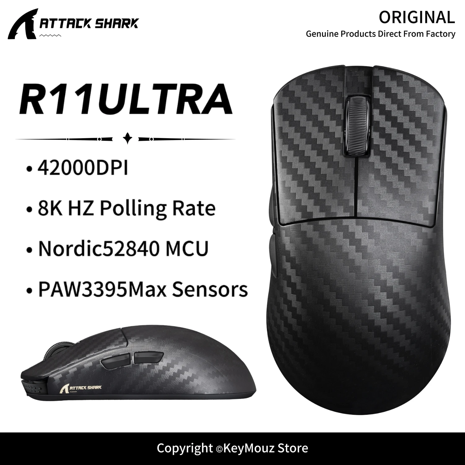 ATTACK SHARK R11 Ultra Carbon Fiber Gaming Mouse 8KHz Wireless PAW3950MAX Sensor Omron 100M Switch Tri-Mode for FPS Esports