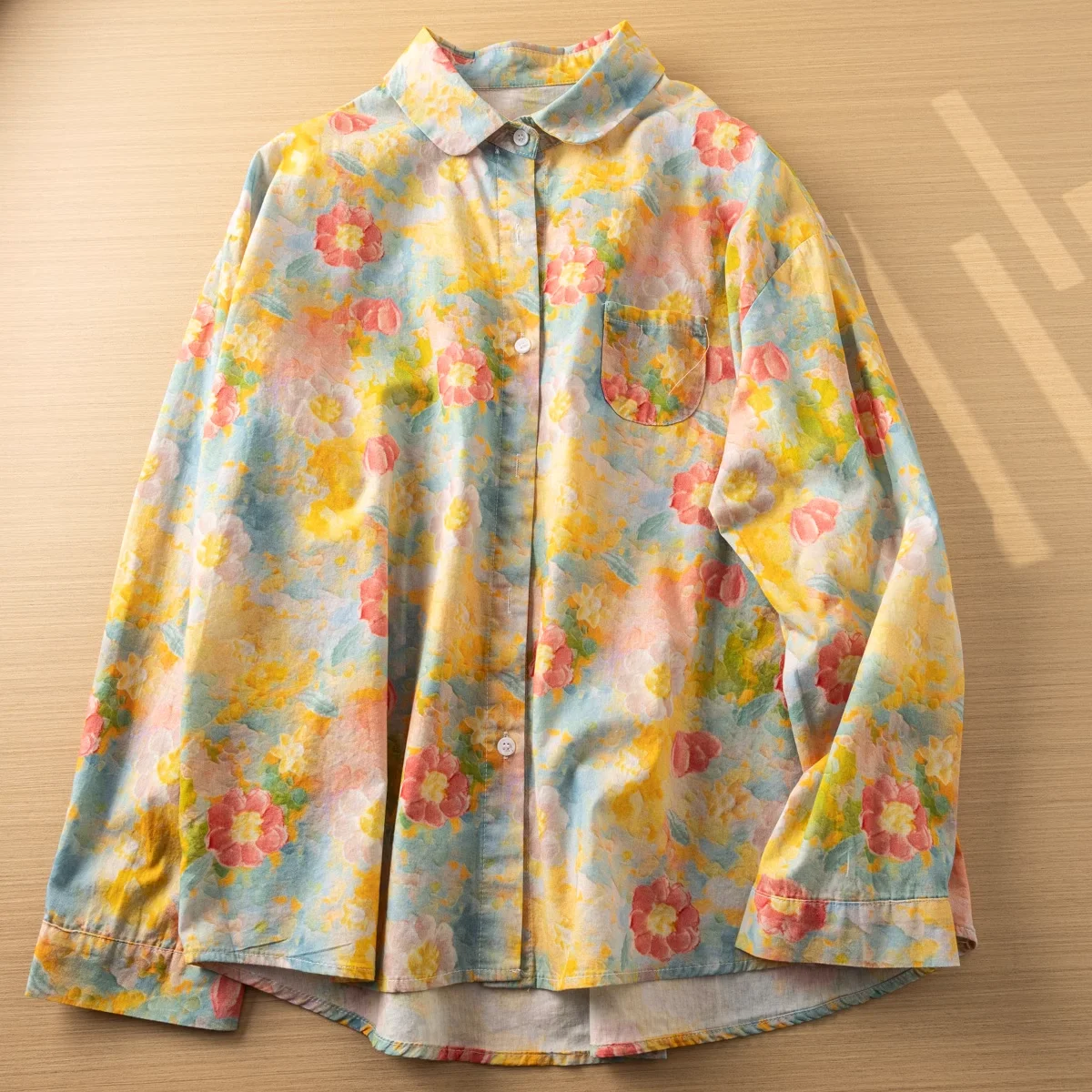 100% Cotton Shirts Japan Fashion Peter Pan Collar Oil Painting Print Blouses for Women Long Sleeve Tops Mori Kei Clothing