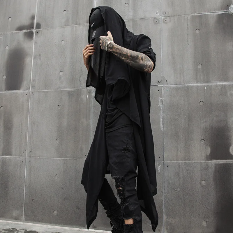 Dark Summer Thin Ice Silk Draping Shawl Mid-Length Long Sleeve Shirt and Sun-Proof Clothing Trendy Men's Cloak
