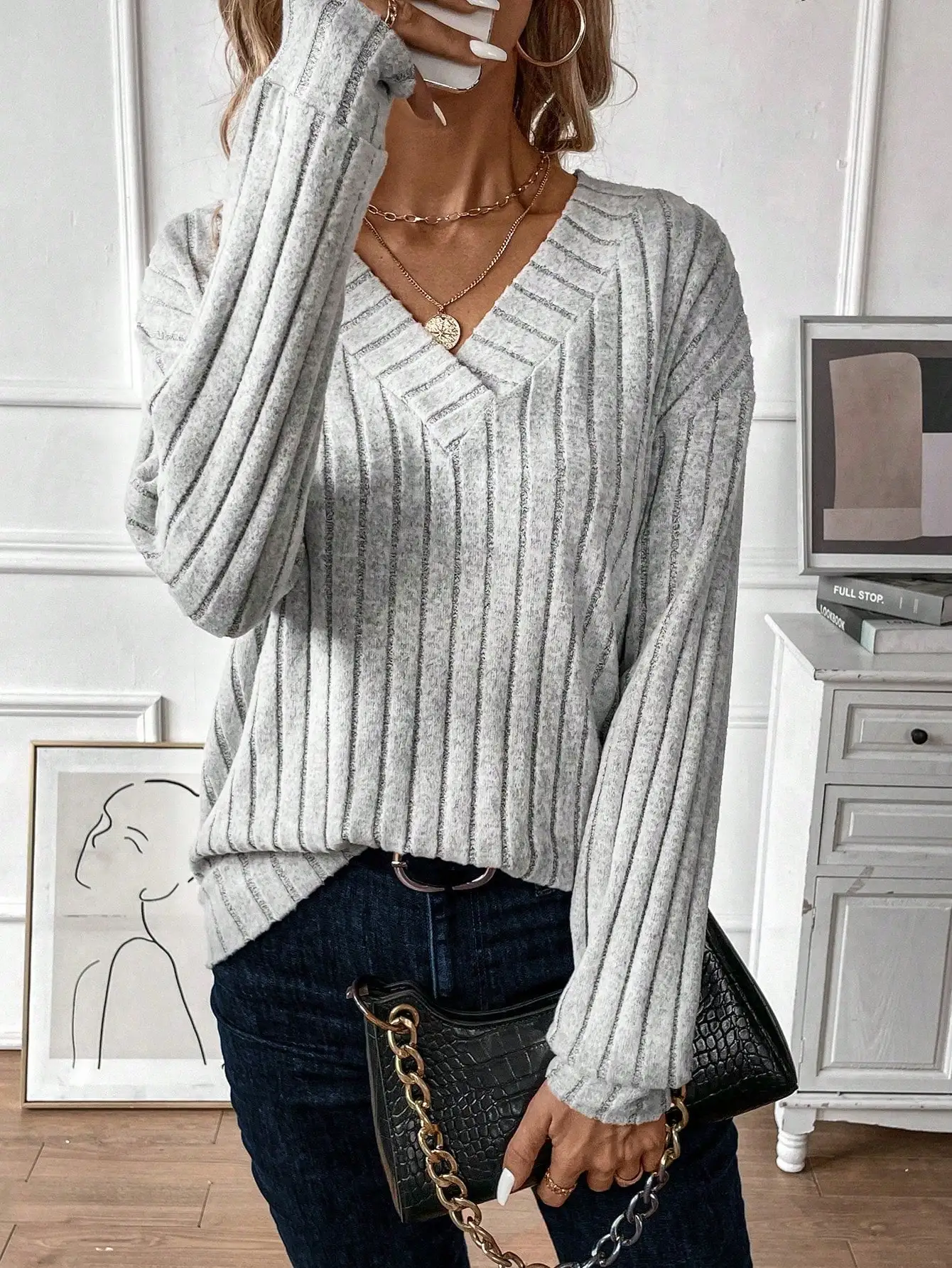 Gerippter Damen-Pullover mit V-Ausschnitt und langen Ärmeln, dünnes Strick-Herbstoberteil für Freizeit- und Schuloutfits