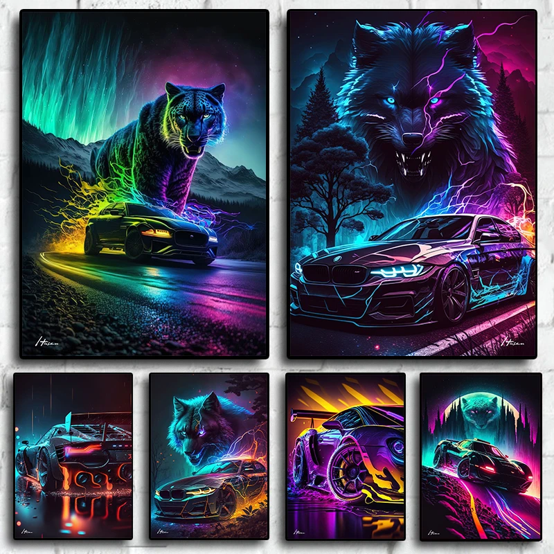 Japan Neon Cyberpunk Animal Car Poster Aesthetics Wolf Super Sports Car Fuji Canvas Painting Wall Art Home Driver Room Decor