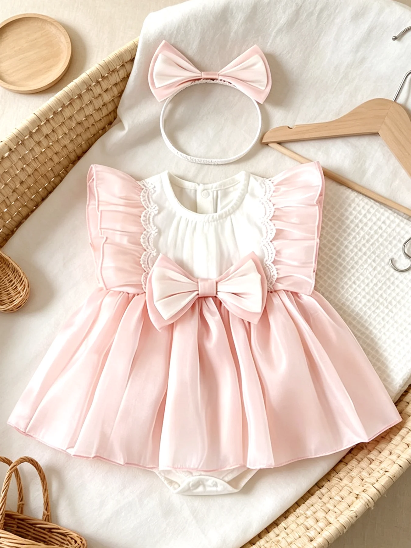 Baby Girl Lace Bow Pink-and-White Color-Blocked Flare-Sleeve Cute Spring/Summer Princess Rompers Two-Piece Set—Full-Moon Gift