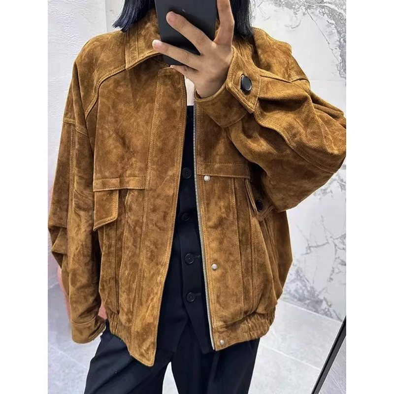 여성용 리얼 스웨이드 재킷 가을 겨울 루즈핏 라펠 지퍼 툴링 포켓 그레이/브라운 염소 가죽 프로필 코트 몬타우 여성용