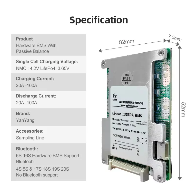 Yanyang OEM ODM BMS Solar 48V Lithium ion Battery Manufacturer Factory For Li-ion 13S 48V 60A Management System BMS Board