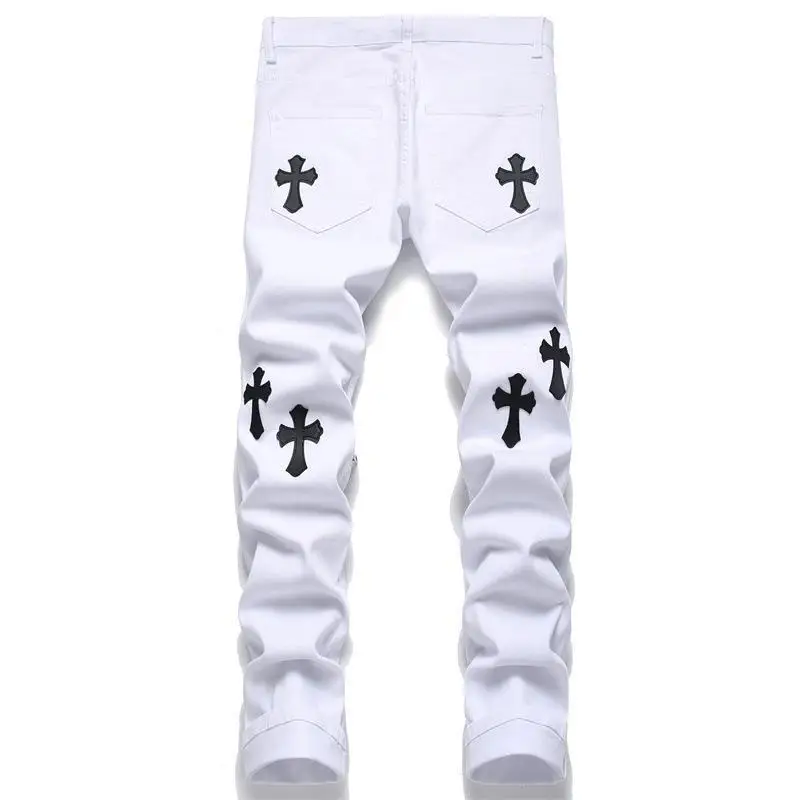 Summer Cross Embroidered Jeans Men's Broken Hole Zipper Knee Pants Hip Hop Fashion Slim Fit High Street Pure Cotton Red Ear 2024