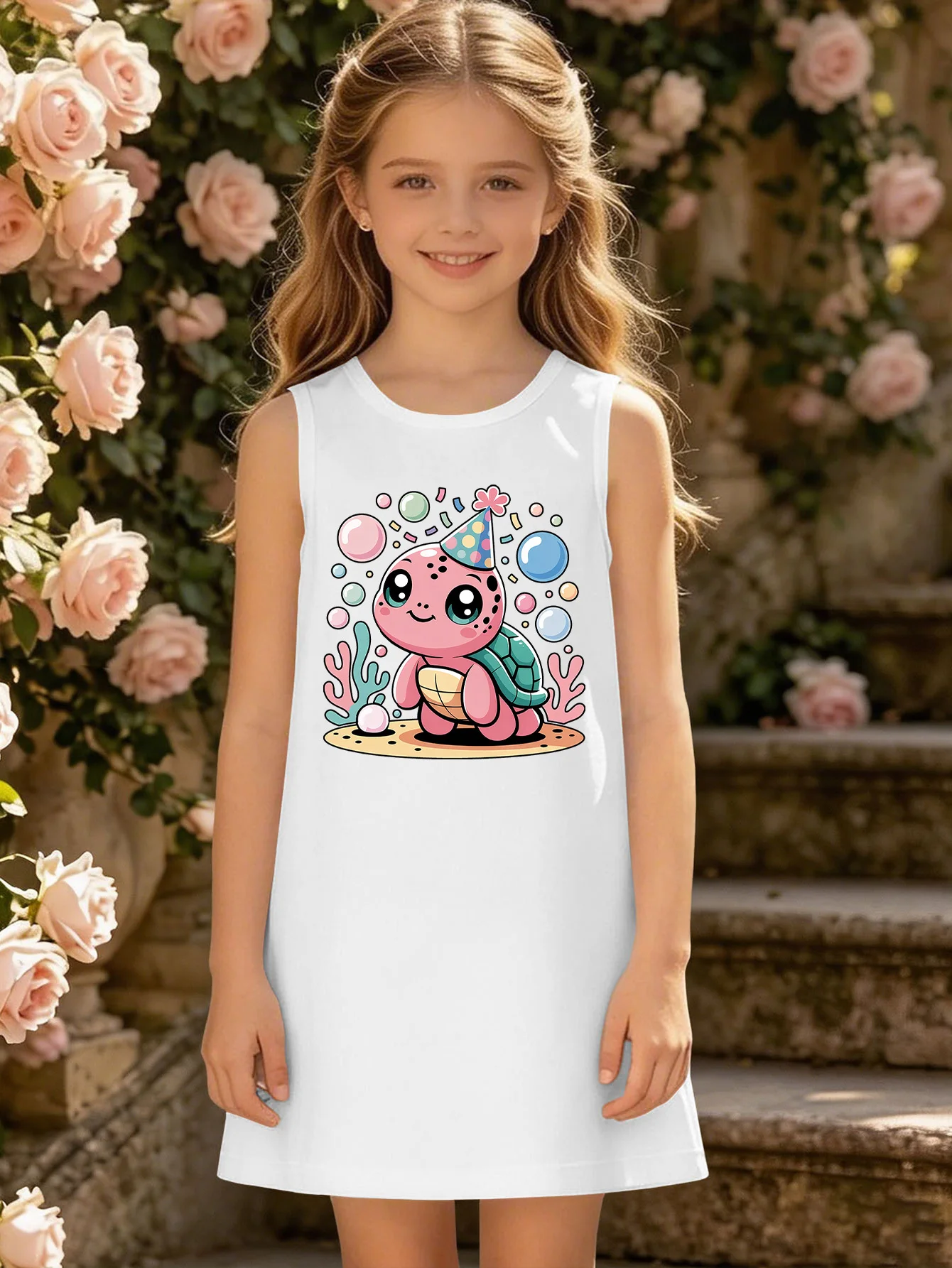 Juvenile Sleeveless Shift Dress Adorable Cartoon Tortoise Party Print Summer Casual Lovely Outfit for Kids Holiday Beach Wear