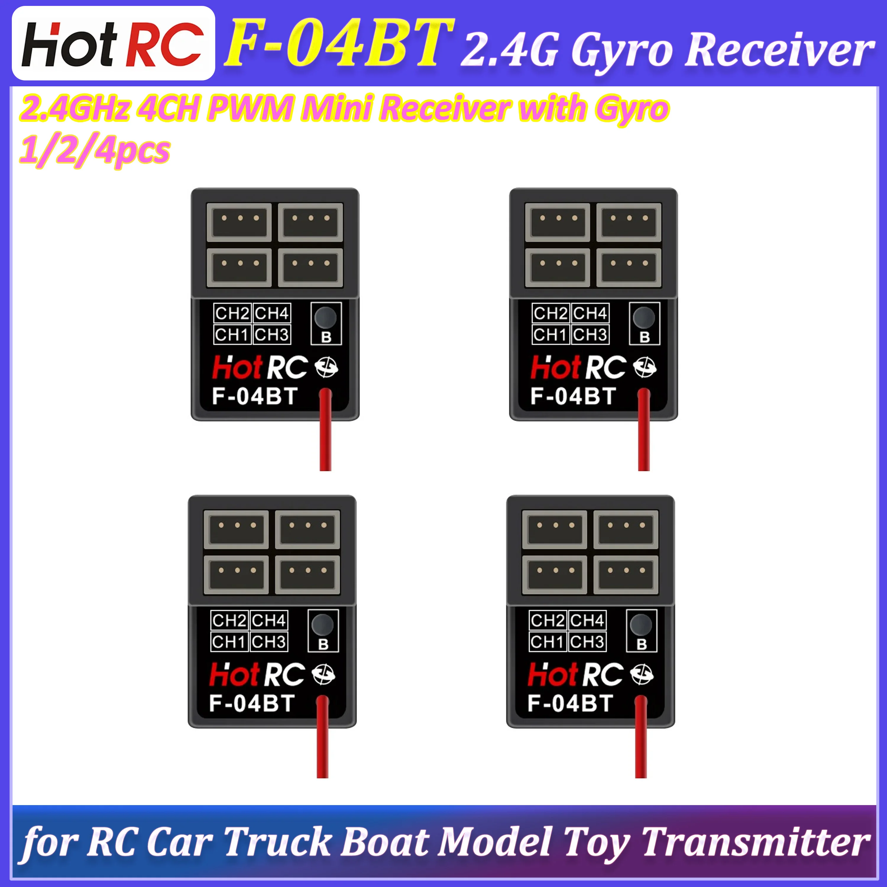

1/2/4PCS HOTRC F-04BT 2.4GHz 4CH PWM Receiver with Gyro Mini RX for Transmitter Remote Controller Car Truck Boat RC Model Toys