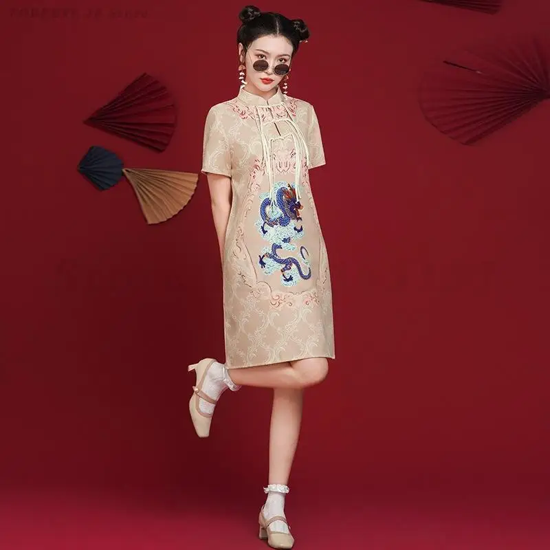 Traditional Chinese Women Qipao Cool Khaki Crane Print Loose Dress Vintage Classic Mandarin Collar Cheongdam Sexy Silm Vestidos