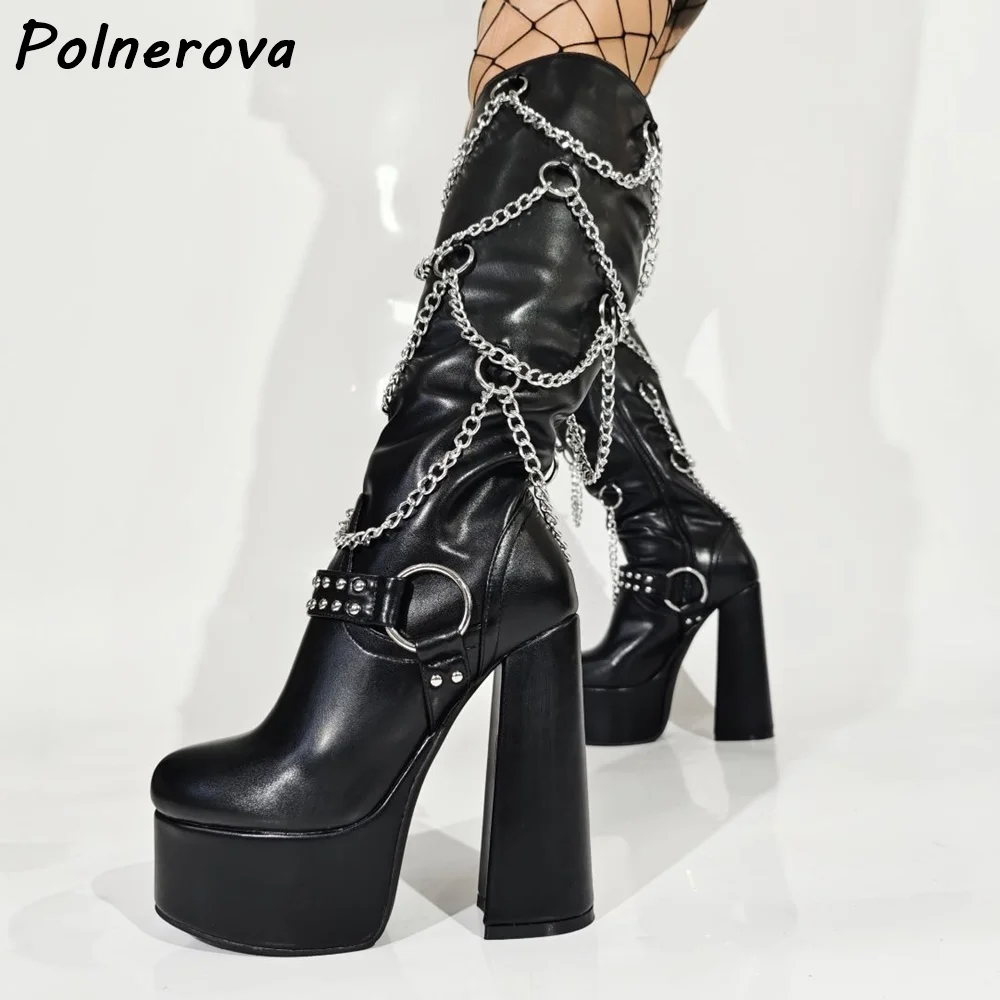 

Solid Platform Metal Chain Boots Black Rivet Chunky Heels Side Zipper Leather Warm Knee High Boots Women's Metal Punk Boots