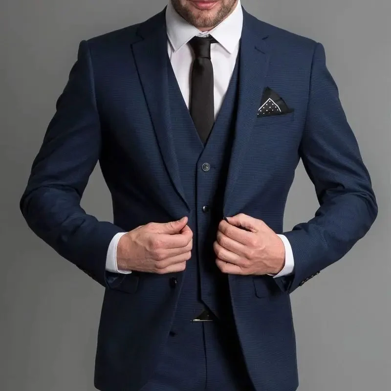 STEVDITG Navy Blue Suits Men Blazer Regular Length Flat Single Breasted Notch Lapel Formal BUsiness 3 Piece Jakcet Pants Vest