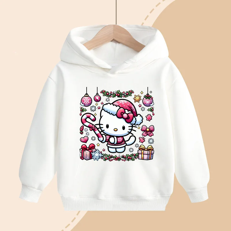 Bluzy z kapturem dla dzieci Sanrio Hello Kitty, z nadrukiem świątecznym, swetry dla dziewczynek, ciepłe i wygodne na zimę, prezenty dla dzieci.