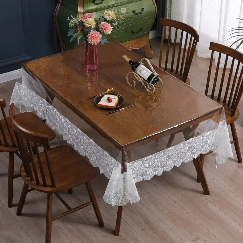 PVC Table cloth Rectangle Waterproof Transparent Round Dining Table Cover TableCloth Soft Lace Embroidered Oil-proof Table Cover