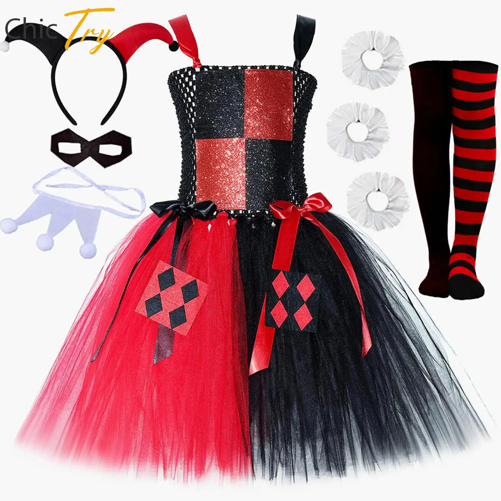 

6Pcs Teen Girls Halloween Fancy Clown Cosplay Costume Set Adjustable Straps Stretchy Puffy Dress with Accessories Party Set