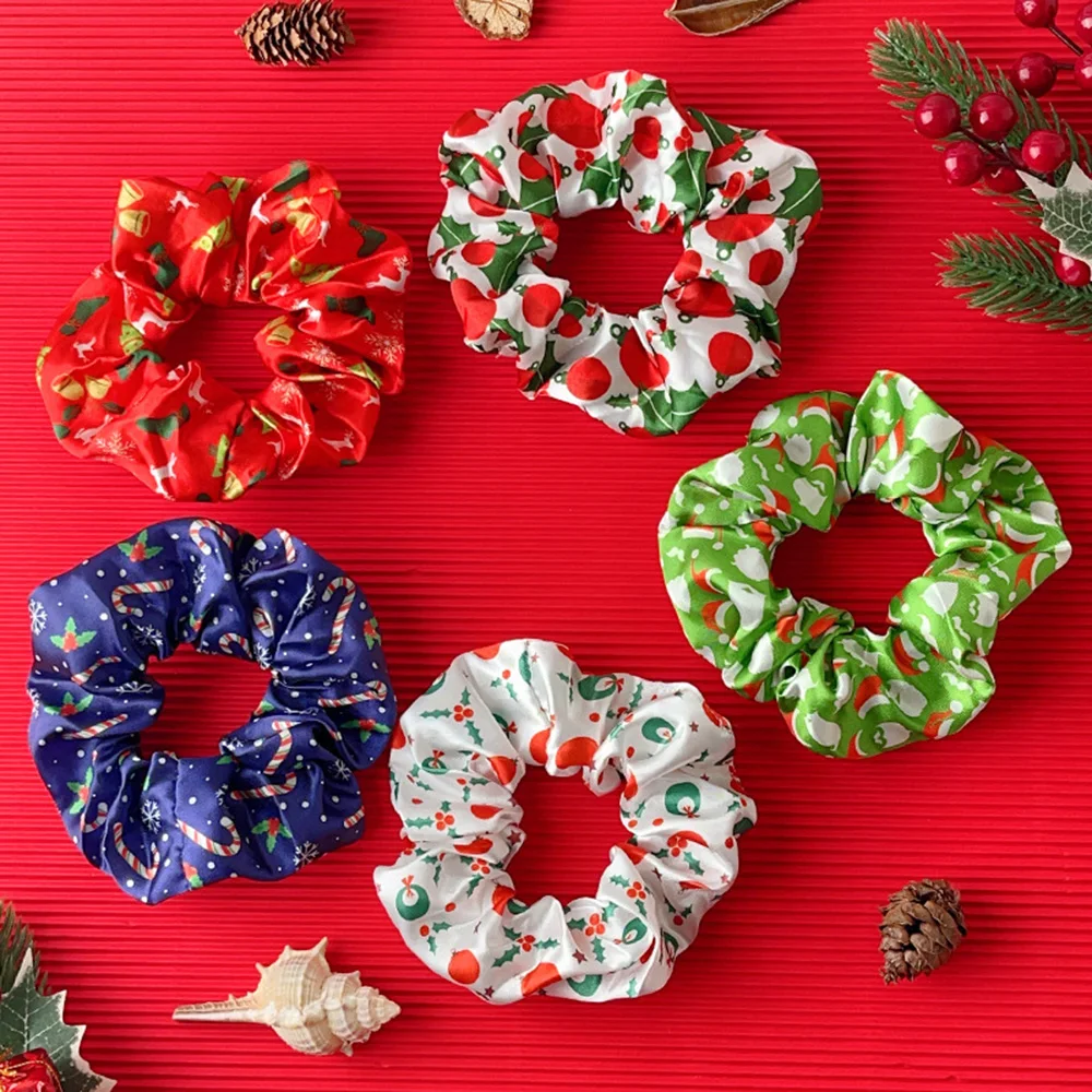 12PCS Christmas Hair Scrunchies Red Christmas Tree Elastic Hair Ties Women Ponytail Holder Party Headwear Hair Accessories