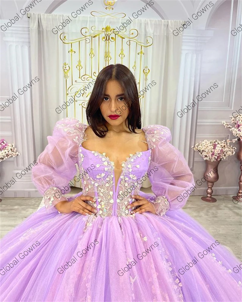 Vestido De fiesta De princesa Lila púrpura con cuello cuadrado, quinceañera, manga De linterna, apliques De cuentas